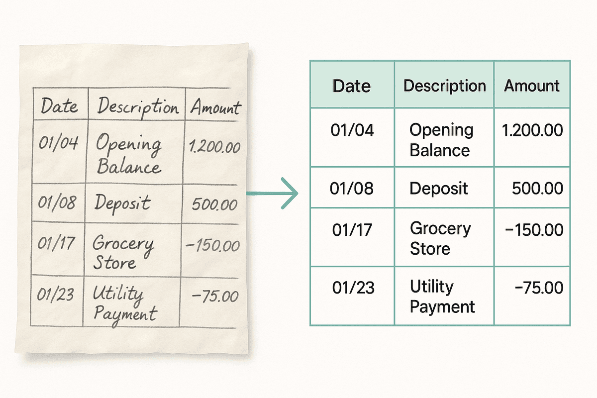Handwritten bank statement being converted to clean CSV format